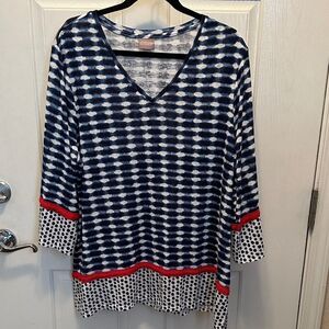 Chico's Blue and White with Red Trim Geometric Long 3/4 Sleeve Knit Top